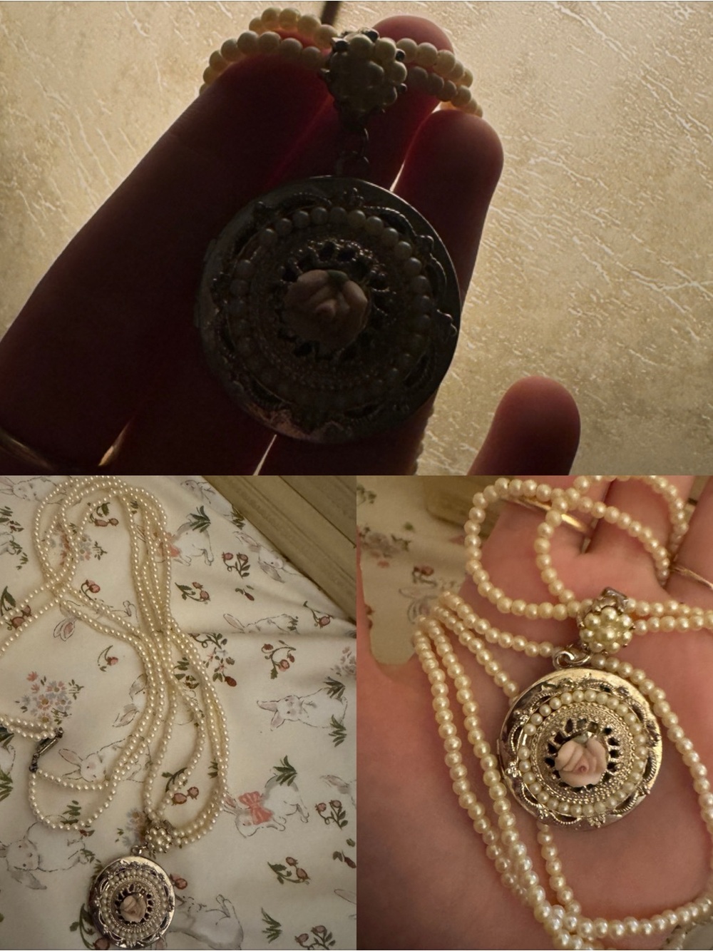 1928 Pearl and rose locket necklace